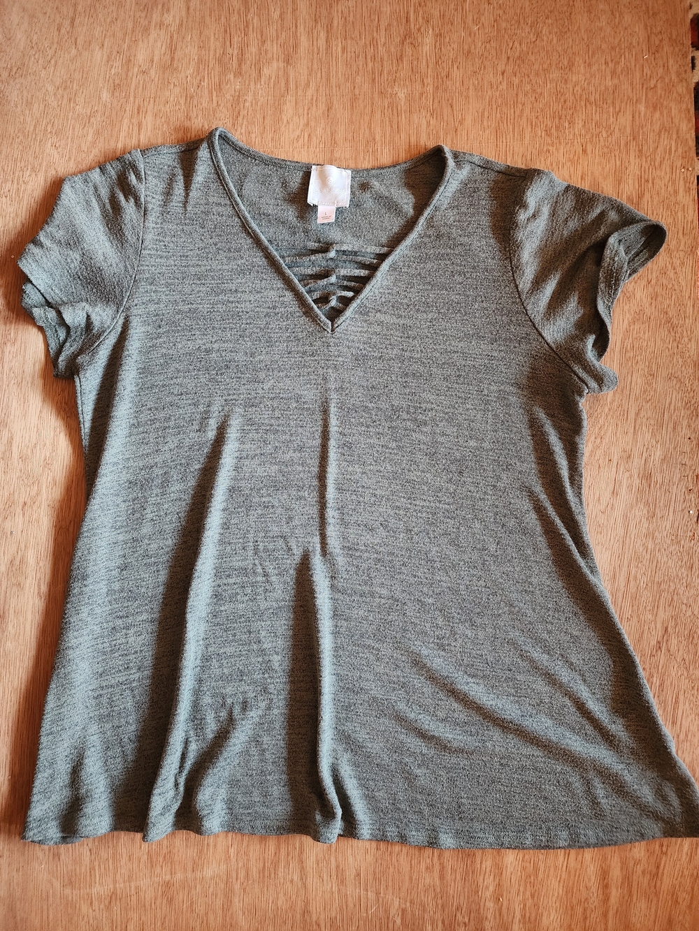 Sunday Heather Green Strappy V-Neck Short Sleeve Top L